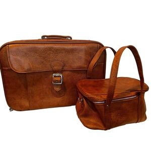 Retro 70's Carry-on Luggage Set Brown 2 Piece Faux Leather Suitcase Travel Bags